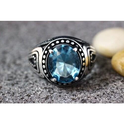 Punkboy Vintage Aquamarine Zircon European and American Smoked Black Ring Fashionable Exquisite Jewelry