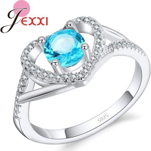 High-End 925 Sterling Silver Brand Jewelry Gorgeous Heart Rings Inlaid Blue/Green Round Zircon Female Bague for Wedding