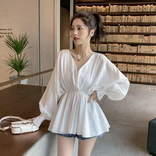 White Shirt Women Long sleeve V neck Tunic Spring Autumn Ruffle Top Loose Puff sleeve 2021 Fashion Blouse Femme Clothing Black