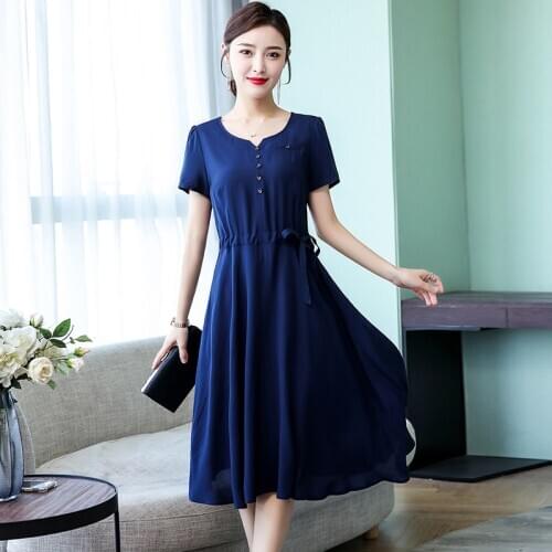 Women Plus Size Button Lace Up Short Sleeve V-neck Knee-length A-line Simple 8 Colour Big Swing Skirt Holiday Coctail Dress 9435