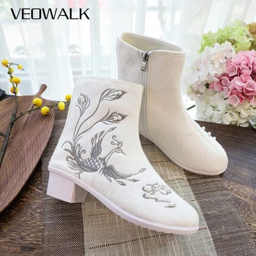 Veowalk 4cm Heel Women Cotton Fabric Embroidered Ankle Boots Fleece Lining Winter Warm Booties Ladies Soft Comfortable Shoes