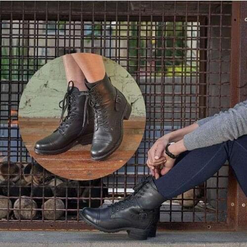 Mid Heel Winter Boots WomenS PU Leather Round Toe Classic Black Lace-Up Warm Lady Martin Boots Winter