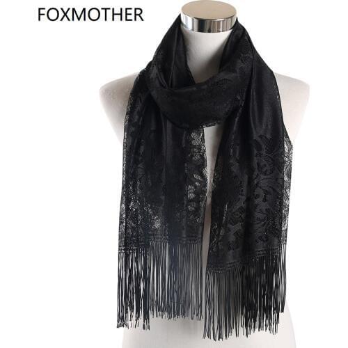 FOXMOTHER Black Yellow Pink Color Floral Lace Scarf Tassel Fringe Shawl Wrap Flower Headscarf Muslim Hijabs scarfs Women Ladies