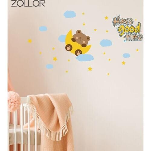 Zollor Moon Cute Bear Clouds Wall Sticker Decoration Baby Children Room Home Living Room Parlor Bedroom Adhesive Mural Decals