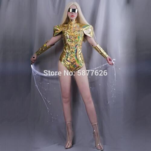 Golden men women armor future holographic clothes sexy bar nightclub rave DJ DS GOGO dance costume singer stage outfi