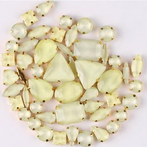 Gold claw settings 50pcs/bag shapes mix jelly candy Jonquil glass crystal sew on rhinestone wedding dress shoes bags diy
