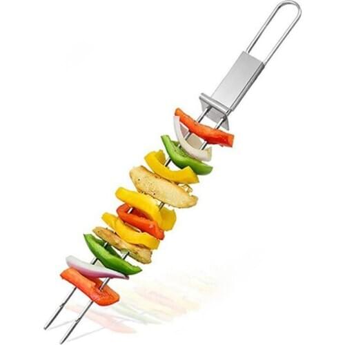 1 pcs Silver Stainless Steel BBQ Fork Reusable Grill Skewers Portable Barbecue Camping Gadgets Kitchen Accessories Tools