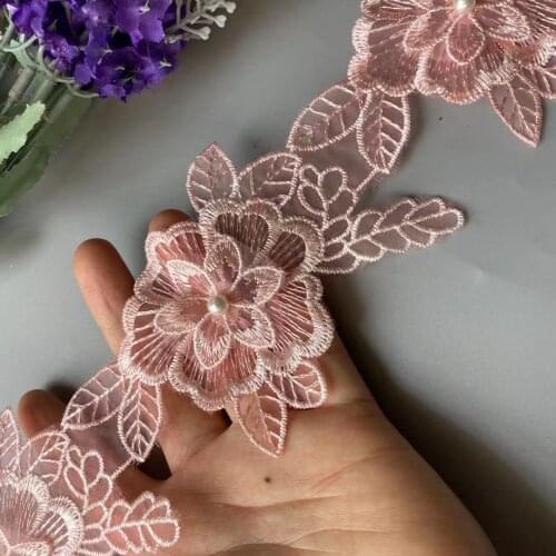 10x Lace Pearl Trim Pink Ribbon 3D Floral Beaded Flower Embroidered Applique Patches Dress Fabric Sewing Craft Vintage 10cm New