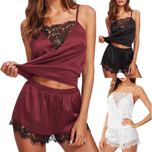 2Pcs 2020 Women Sexy See Through Lace Hem Camisole Short Pants Pyjamas Sleepwear Nightwear Set