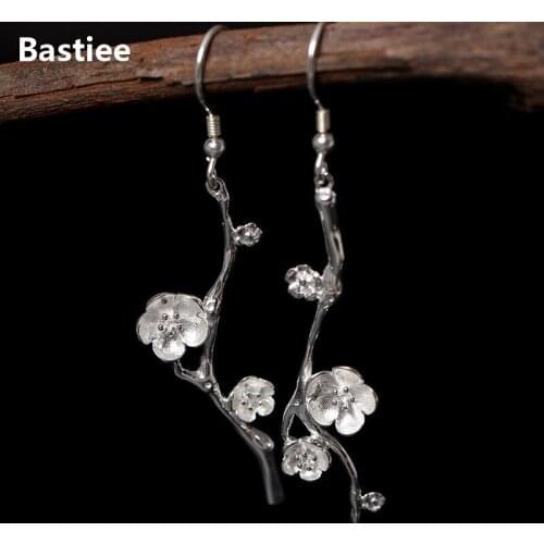 Bastiee Plum Blossom Flower Drop Silver Earrings 925 Women Jewelry Dangle Earings Antique Gifts