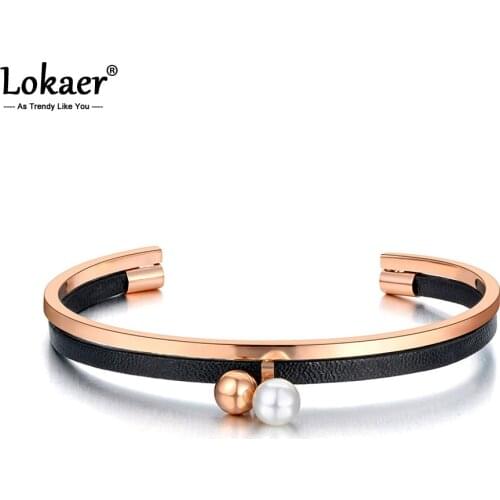 Lokaer Titanium Stainless Steel Round Ball & White Pearl Charm Bracelets For Women Girls Trendy Black Leather Open Bangle B20071