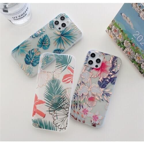 Vintage Glitter Gold Banana Leaf Flower Phone Case For iPhone 12 11 Pro XS Max XR X 7 8 Plus Transparent Hard Back Cover Coques