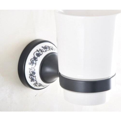 Black Oil Rubbed Brass Carved Flower Pattern Toothbrush Holder with Single Ceramics Cup Wall Mounted Bathroom Accessories aba454