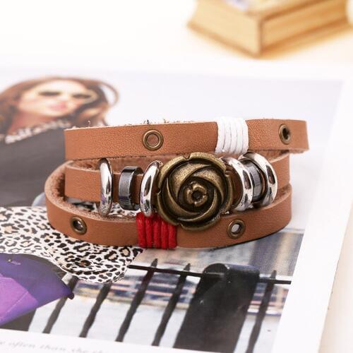 Dankaishi Rose Flower Charm Bracelet Multilayer Leather Bangle Fashion Punk Bohemian Jewelry Accessories for Women Girls Party