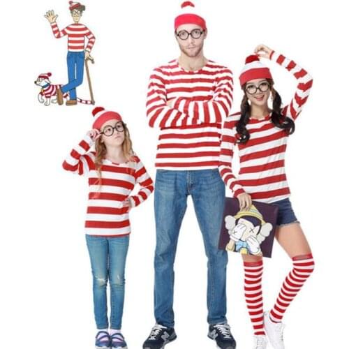 Kids Adult Cartoon Where is Wally Waldo Cosplay Costume cute Family activities Parent-Child outfit Halloween costume for kids