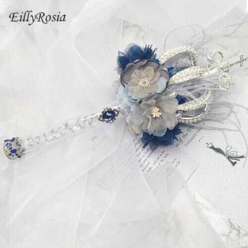 EillyRosia Ins European Bridal Bouquet Baroque Wedding Scepter with Crown Wedding Bouquet Holding Flowers Navy Blue Artificial