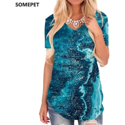 SOMEPET Dark Blue T Shirt Women Abstract V-neck Tshirt Psychedelic Tshirts Printed Art Shirt Print Womens Clothing Summer