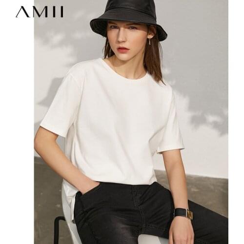 Amii Minimalism Spring Summer Fashion Womens Tshirt Causal 100%Cotton Oneck Letter Printed Loose Female Tshirt Tops 12120203