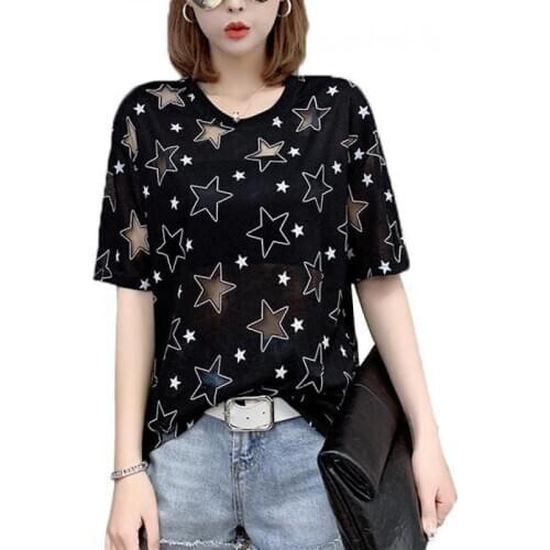 Zuolunouba Casual Short Sleeve Hollow Out Geometric Star Harajuku T Shirt Women Clothes Camisas Mujer Korean Mesh Top Slim Black