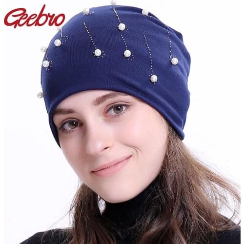 Geebro New Womens Beanie Hat 2021 Autumn Pearl Rhinestone Slouchy Skullies Beanies for Female Womens Plain Balaclava Bonnet