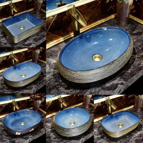 Blue Bowl Art Ceramic Countertop Wash Basin Oval European Bathroom Shampoo Sinks Home Washbasin Portable Wash Hand Basins