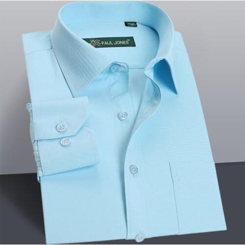 Classic Solid Long Sleeve Mens Dress Shirt Non-iron Casual Business Formal Shirts w/ Chest Pocket Plus Size 5XL White Blue