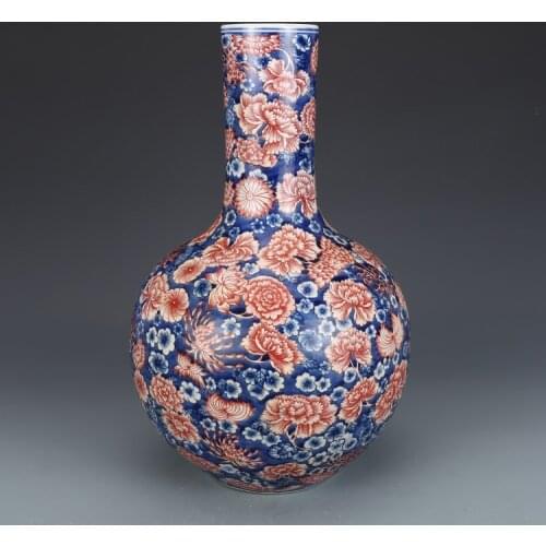 Qing Dynasty Qianlong Blue And White Glazed Red Flower Vase Antique Porcelain Vase Collection