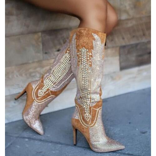 Brown Black Suede Bling Rhinestone Drill Embroidery Pointed Toe Knee High Boots Woman Thin Heels Fashion Run Way Dance Shoes