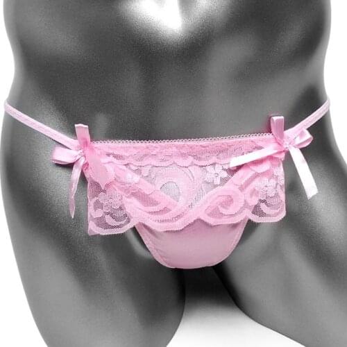 Sissy Lace Thong Panties Lace Work T Back Mens Sexy Cover Pouch Underwear G Strings Satin Gay Lingerie Underpants