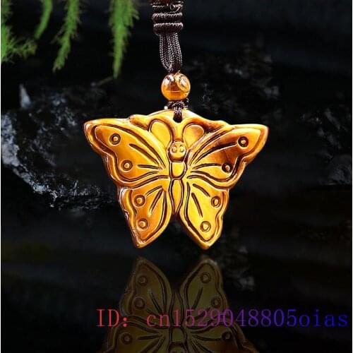Tiger Eye Butterfly Pendant Jade Necklace Natural Gemstone Jewelry Fashion Amulet Chinese Jadeite Carved Charm Gifts