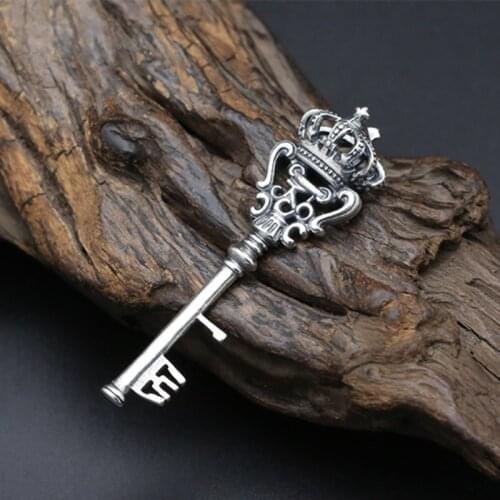 Solid Silver 925 Crown Key Pendant For Necklace Men Women Vintage Gothic Punk Style Real 925 Sterling Silver Jewelry Accessory