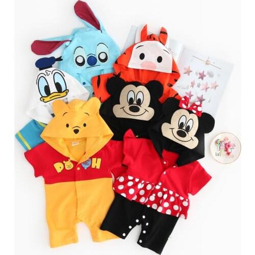 Summer Baby Romper Cartoon Animal Tiger Mickey Minnie Pooh Short Sleeve Hoodies Boy Jumpsuit Costume Newborn Girl Clothes Outfit