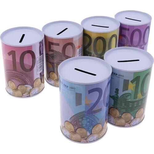 Metal Tinplate Cylinder Piggy Dollar Picture Box Bank Euro Household Saving Money Box Home Storage Organizers High Quality