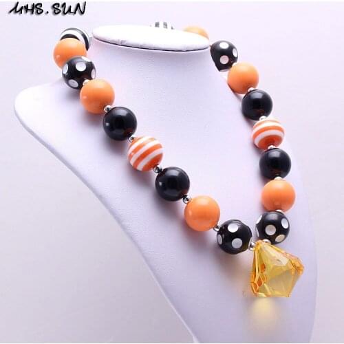 MHS.SUN 2PCS Halloween Style Kid Chunky Necklace Black+Orange Toddler Baby Girl Bubblegum Bead Chunky Necklace Jewelry Children