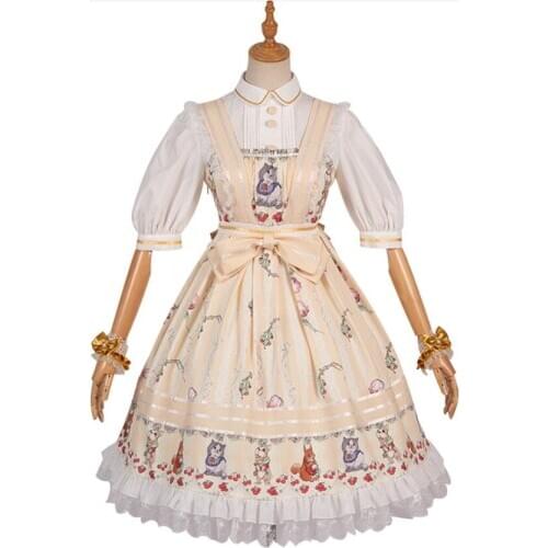 Sweet Lolita Animal Print JSK Sleeve Loretta Spaghetti Strap Dress Cos Kawaii Loli Tea Party Retro Court Princess Dress