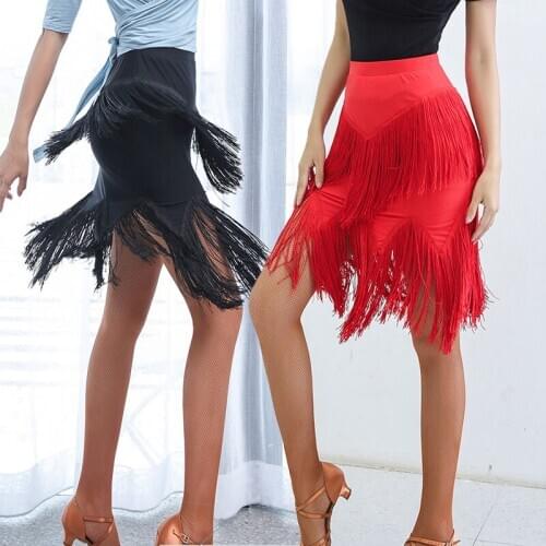 New Latin Dance Skirt for Adult Womens Fringed Tassel Red Blue Skirt Womens Latin Dance Skirt with Irregular V-Shaped Skirt