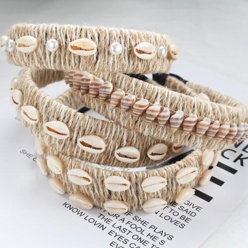 New European American Creative 2021 Headband Shell Hemp Rope Straw Headdress Baroque Hairband Women Wide Side Hair Accessories