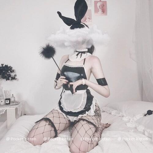 Sexy PU Leather Club Maid Cosplay Costumes Deep V uniform Temptation Rabbit Kawaii Lingerie Role Play Bunny Girl Faux Leather