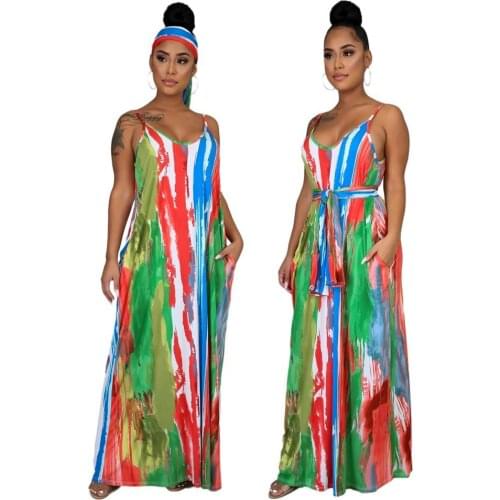 Loose Maxi Dress Bandage Summer Leisure Milk Silk Printing Suspender Womens Wear Clothes Strap O-Neck Sashes Beach Style