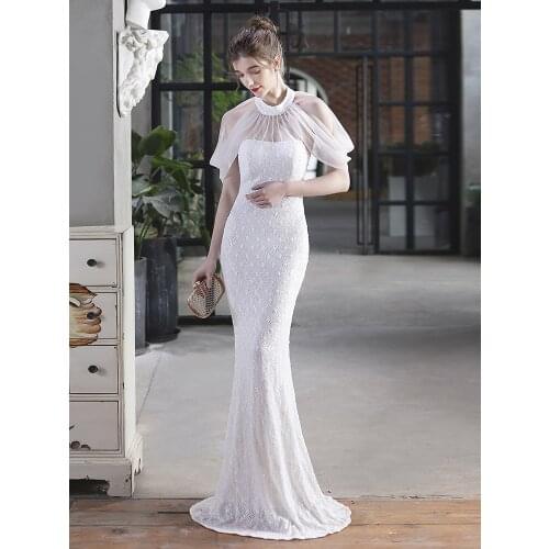 Halt Neck Mermaid Evening Dress Half Tulle Sleeve Lady Vestidoes Shinning Colorful Sequins Party Robes Women Floor Length Dress