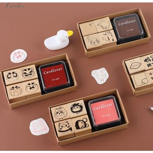 XINAHER 1set cute animal friends series with inkpad stamp DIY wooden rubber stamps for scrapbooking stationery standard stamp
