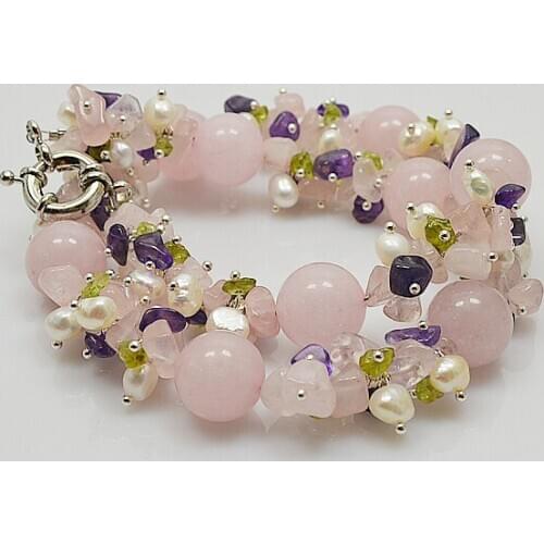 Terisa Pearl Jewelry Natural Stone Rose Quartzs&Amethsyt&Olive&Freshwater Pearl Necklace Charming Women Gift Jewelry