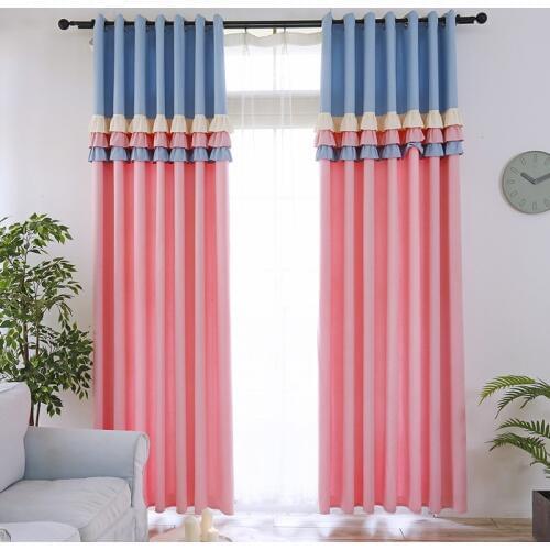 Sweetheart Princess Style Blackout Curtain for Kids Room Girl Room Cute Blue/Pink Lace Stitching Curtain for Living Room Curtain