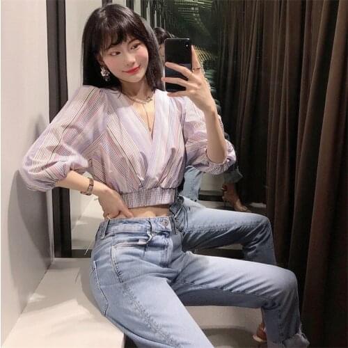 Baldauren Women 2021 Sexy Fashion V-neck Short Striped Women Lining Puffy Sleeve Long Sleeve Shirt Streetwear