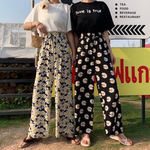 Daisy Flower Print Elastic High Waist Baggy Pants Women Harajuku Casual Boho Wide Leg Pants Streetwear Korean Fashion Trousers