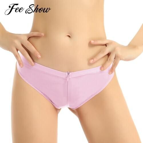 Women See-Through Invisible Zipper Open Crotch Briefs Low Rise Elastic Waistband Crotchless Thong Underwear Lingerie Underpants