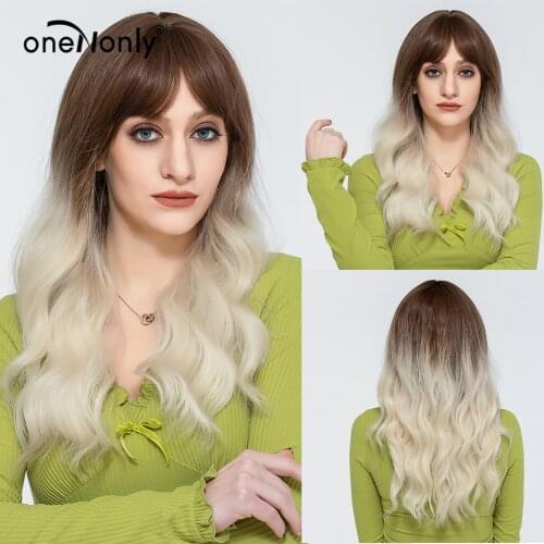 OneNonly Medium Length Body Wave Wig Ombre Brown To Blonde Silver White Synthetic Wigs With Bangs For Women Cosplay Natural Hair