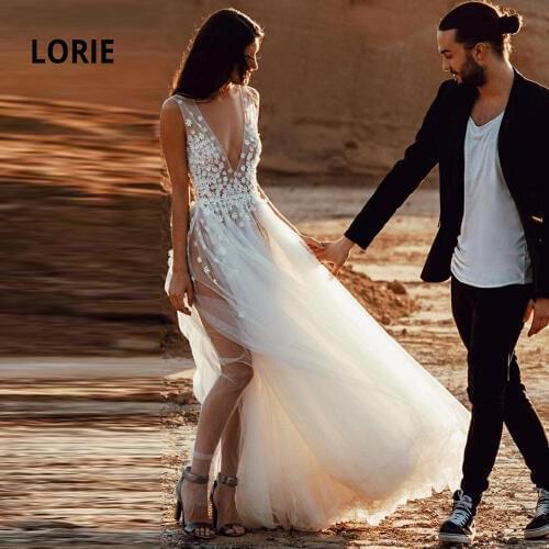 LORIE Beach Bridal Gown 2020 Sexy V-neck 3D Appliqued with Soft Tulle Boho Wedding Dresses A-line Sleeveeless Romantic