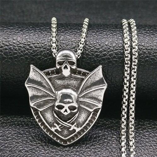 2021 Gothic Bat Skull Shield Stainless Steel Necklaces for Women/Men Silver Color Chain Necklaces Jewelry calavera NZZ243S03