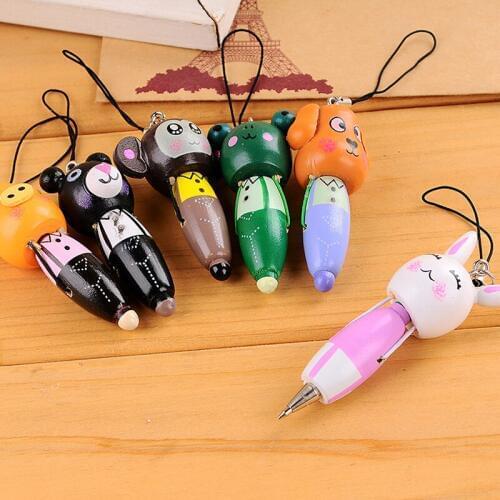 24Pcs Funny Wooden cartoon animals portable ballpoint pen mobile phone chain creative students stationery office school supplies